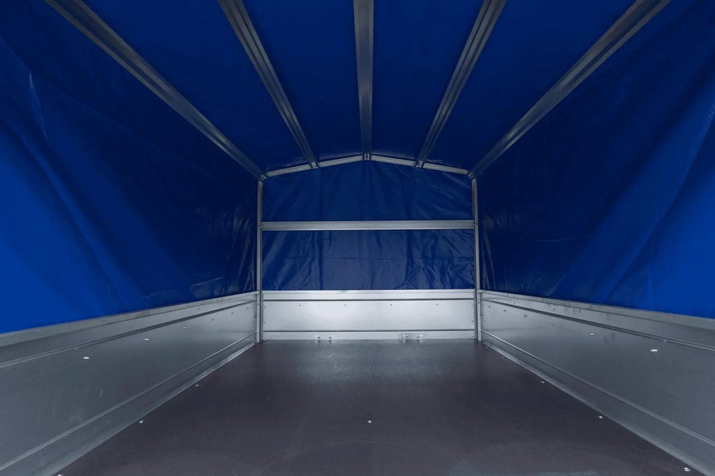 Trailer with tarpaulin GARDEN TRAILER 201 TIPP [with support wheel, blue high tarpaulin and high bows]