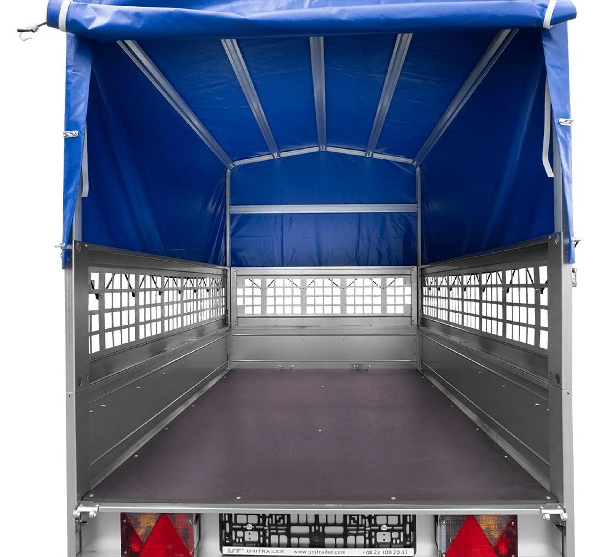 Garden Trailer 201 KIPP 200x125 tarpaulin trailer with mesh side extension, blue tarpaulin, high frame and jockey wheel
