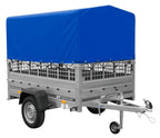 Garden Trailer 201 KIPP 200x125 tarpaulin trailer with mesh side extension, blue tarpaulin, high frame and jockey wheel