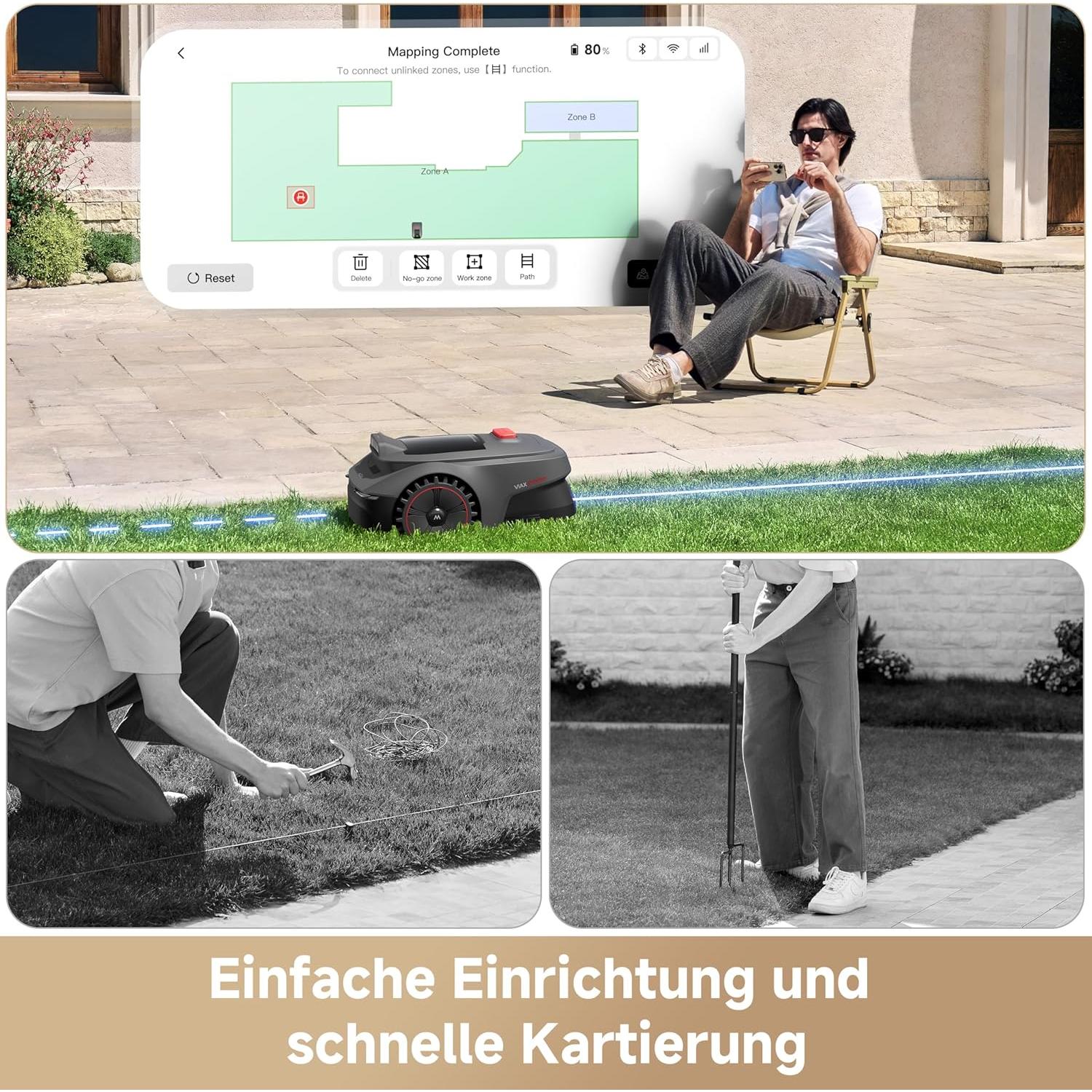 MOVA ViAX 250 Mähroboter ohne Begrenzungskabel, Empfangsbereich 250 m², KI-gestützte Kartierung, U-förmige Spuren, Hindernisvermeidung mit Dual Vision, besserer Kantenschnitt, für komplexes Gelände, App-Steuerung