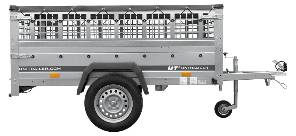 Car trailer GARDEN TRAILER 201 TIPP with mesh side extensions, support wheel and flat tarpaulin