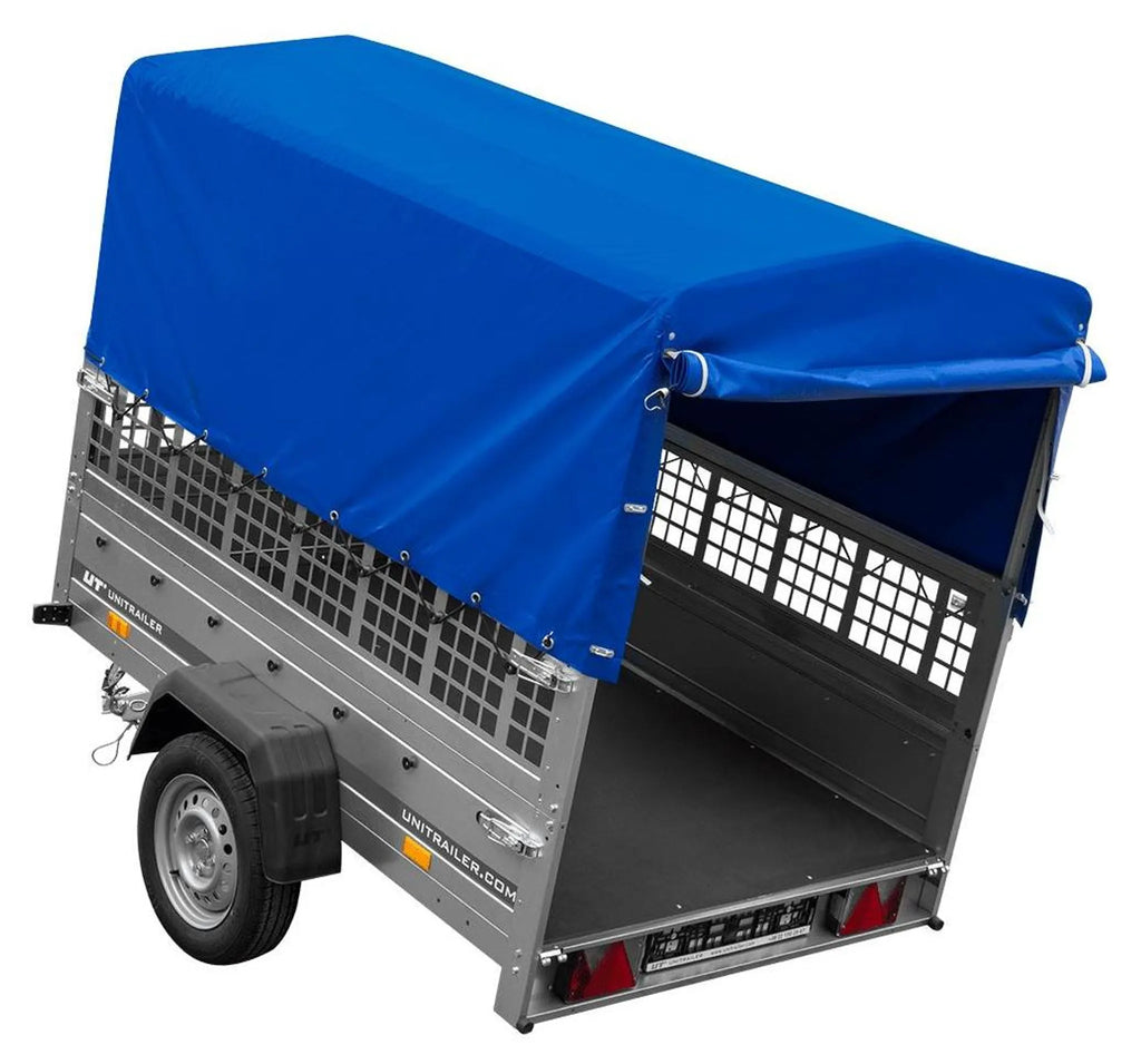 Garden Trailer 201 KIPP 200x125 tarpaulin trailer with mesh side extension, blue tarpaulin, high frame and jockey wheel