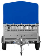 Garden Trailer 201 KIPP 200x125 tarpaulin trailer with mesh side extension, blue tarpaulin, high frame and jockey wheel