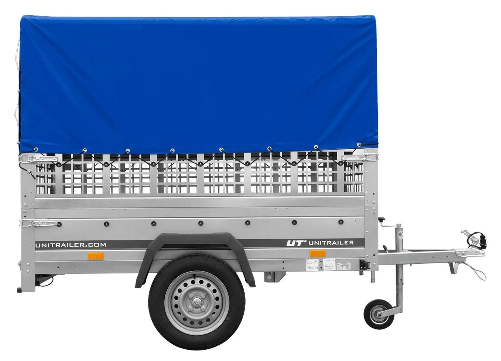 Garden Trailer 201 KIPP 200x125 tarpaulin trailer with mesh side extension, blue tarpaulin, high frame and jockey wheel