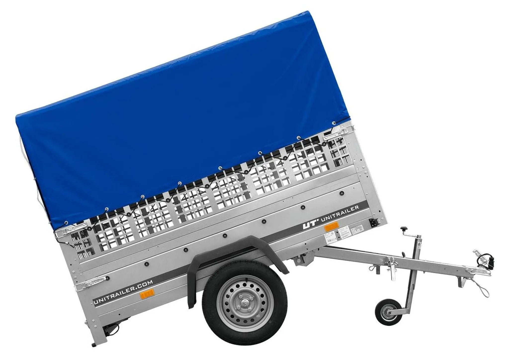 Garden Trailer 201 KIPP 200x125 tarpaulin trailer with mesh side extension, blue tarpaulin, high frame and jockey wheel