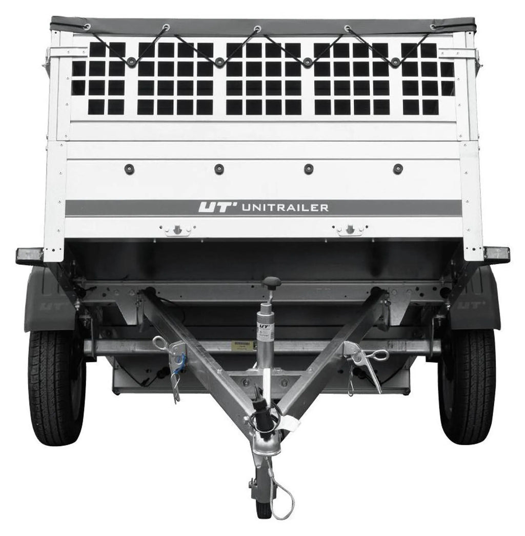 Car trailer GARDEN TRAILER 201 TIPP with mesh side extensions, support wheel and flat tarpaulin