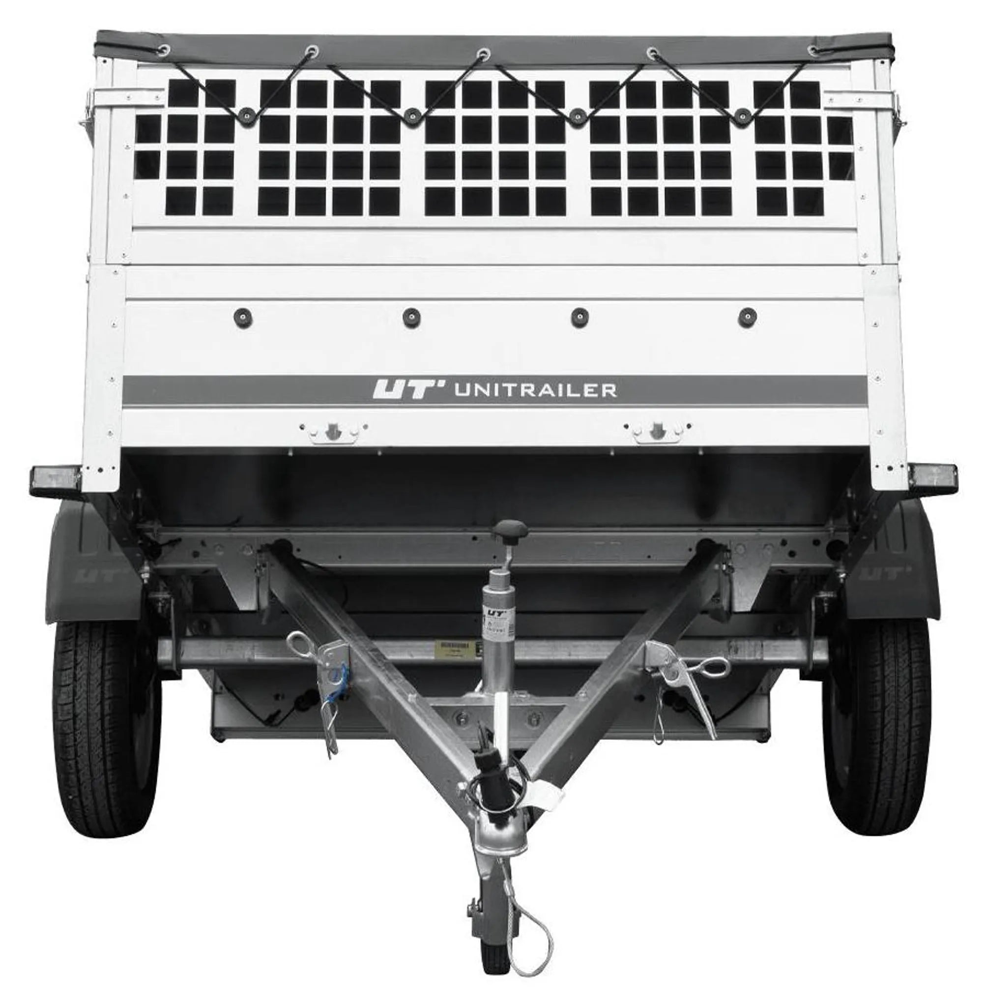 Car trailer GARDEN TRAILER 201 TIPP with mesh side extensions, support wheel and flat tarpaulin