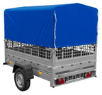 Garden Trailer 201 KIPP 200x125 tarpaulin trailer with mesh side extension, blue tarpaulin, high frame and jockey wheel